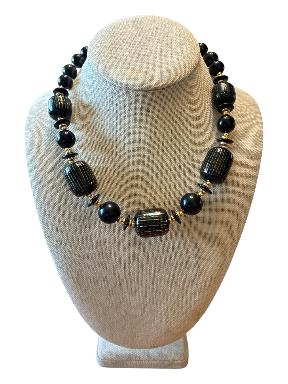 🔵 Black and Gold Striped Barrel Bead Necklace ~ 19 Inches